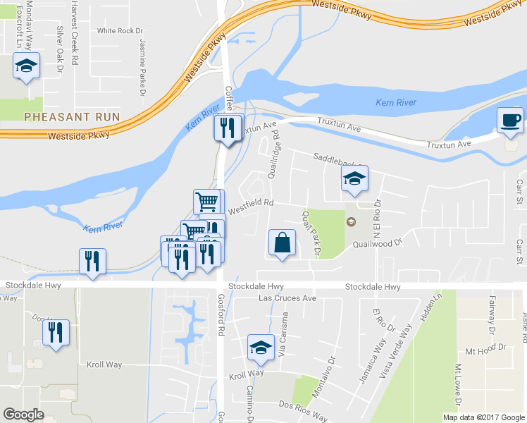 map of restaurants, bars, coffee shops, grocery stores, and more near 501 Quailridge Road in Bakersfield