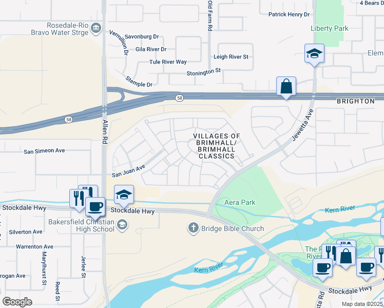 map of restaurants, bars, coffee shops, grocery stores, and more near 12101 Lower Waterford Drive in Bakersfield
