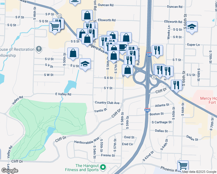 map of restaurants, bars, coffee shops, grocery stores, and more near 5521 South Y Street in Fort Smith