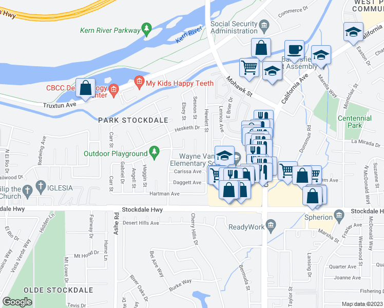 map of restaurants, bars, coffee shops, grocery stores, and more near 405 Plato Court in Bakersfield