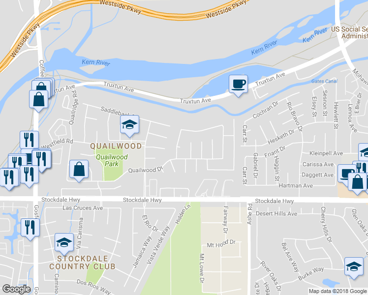 map of restaurants, bars, coffee shops, grocery stores, and more near 6800 Redwing Court in Bakersfield