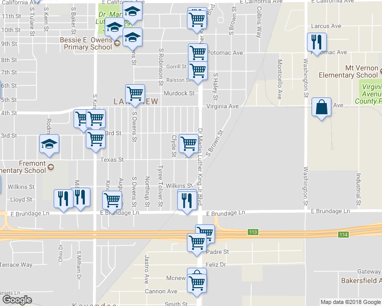 map of restaurants, bars, coffee shops, grocery stores, and more near 209 Clifton Street in Bakersfield