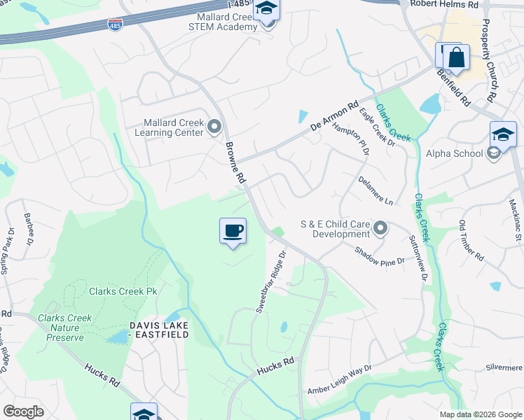 map of restaurants, bars, coffee shops, grocery stores, and more near 8420 Redstone View Drive in Charlotte