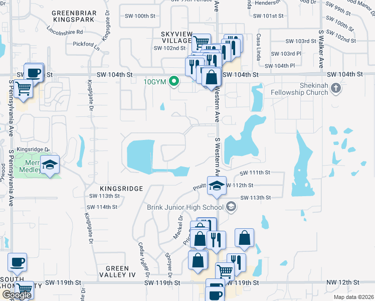 map of restaurants, bars, coffee shops, grocery stores, and more near 10900 Silo Ridge Road in Oklahoma City