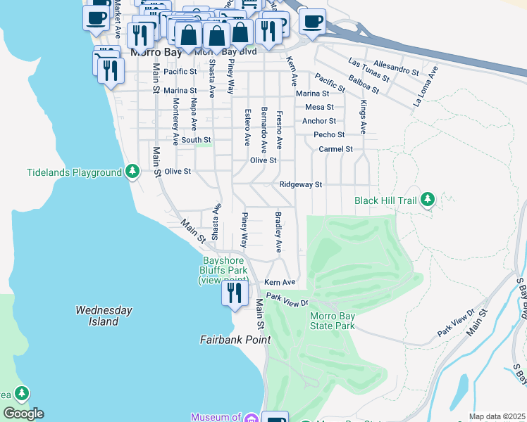 map of restaurants, bars, coffee shops, grocery stores, and more near 750 Luisita Street in Morro Bay