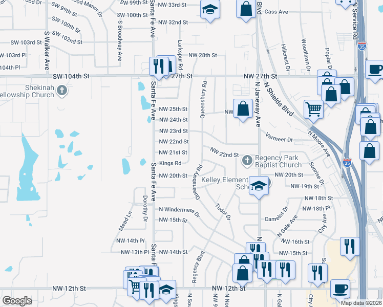 map of restaurants, bars, coffee shops, grocery stores, and more near 2120 Kings Road in Moore