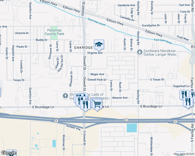 map of restaurants, bars, coffee shops, grocery stores, and more near 5212 Oswell Point Lane in Bakersfield