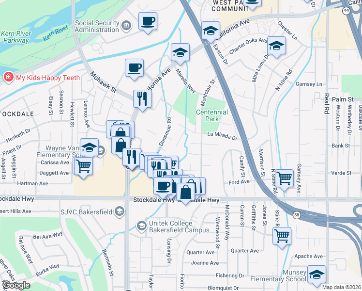 map of restaurants, bars, coffee shops, grocery stores, and more near 208 Pauma Court in Bakersfield