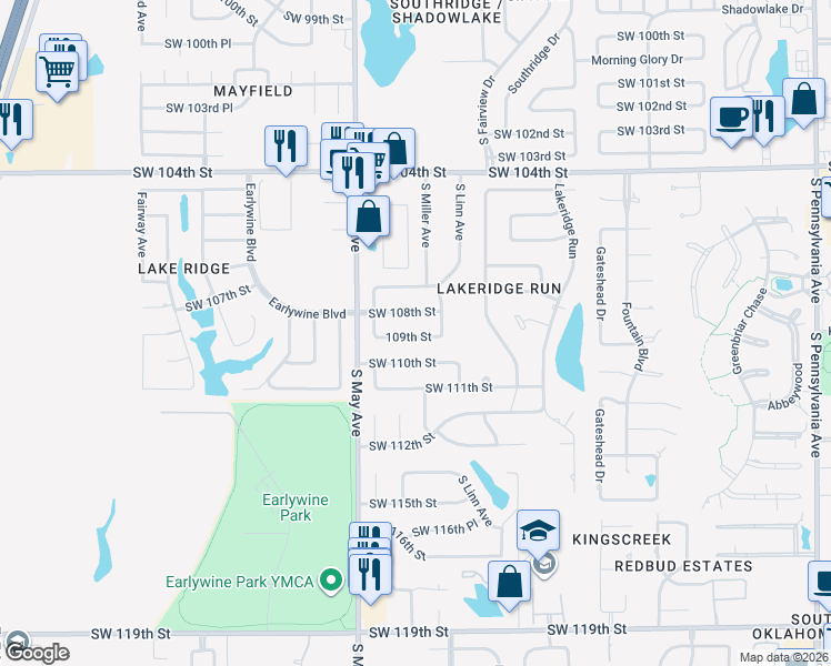 map of restaurants, bars, coffee shops, grocery stores, and more near 2813 109th Street in Oklahoma City