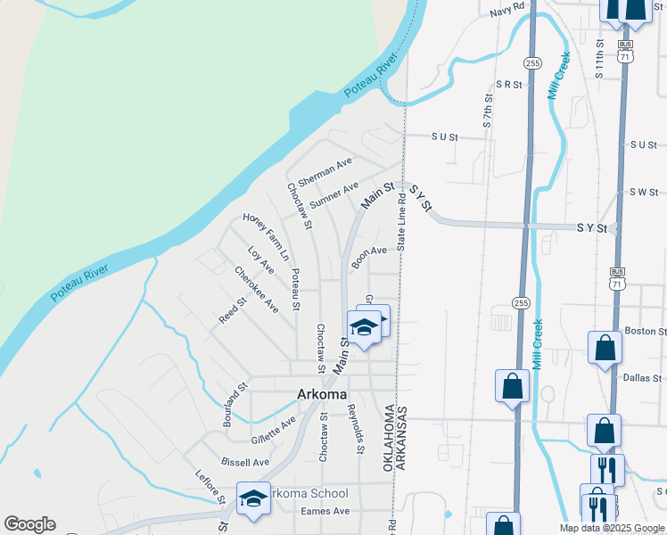 map of restaurants, bars, coffee shops, grocery stores, and more near 526 Texas Street in Arkoma