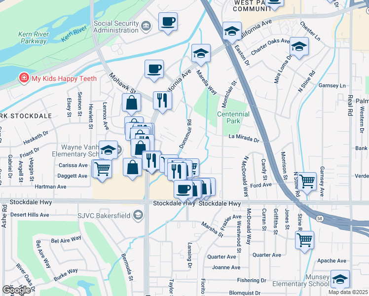 map of restaurants, bars, coffee shops, grocery stores, and more near 5201 Dunsmuir Road in Bakersfield