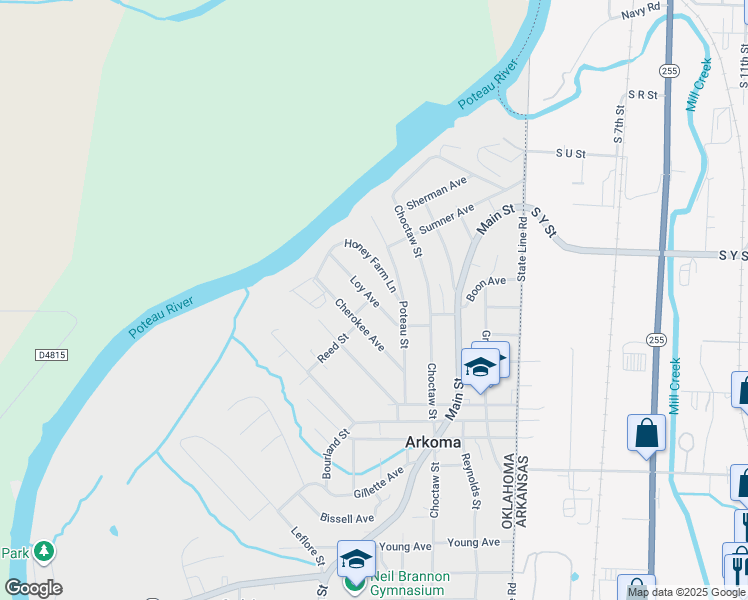 map of restaurants, bars, coffee shops, grocery stores, and more near 501 Loy Street in Arkoma