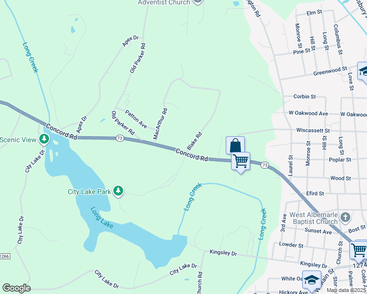 map of restaurants, bars, coffee shops, grocery stores, and more near 904 Concord Road in Albemarle