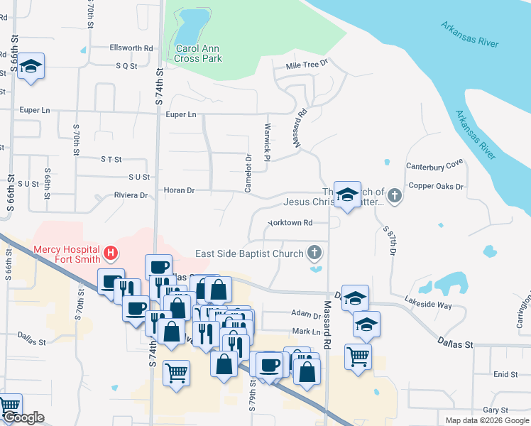 map of restaurants, bars, coffee shops, grocery stores, and more near 7912 Valley Forge Road in Fort Smith