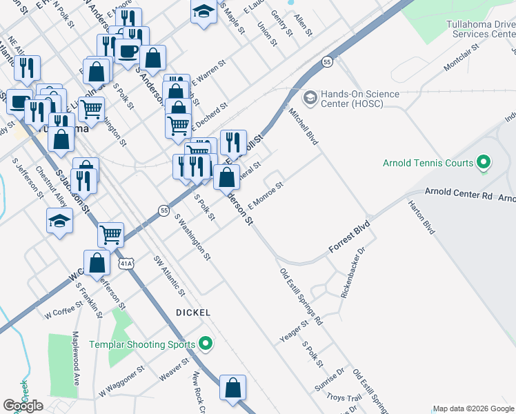 map of restaurants, bars, coffee shops, grocery stores, and more near 408 East Monroe Street in Tullahoma