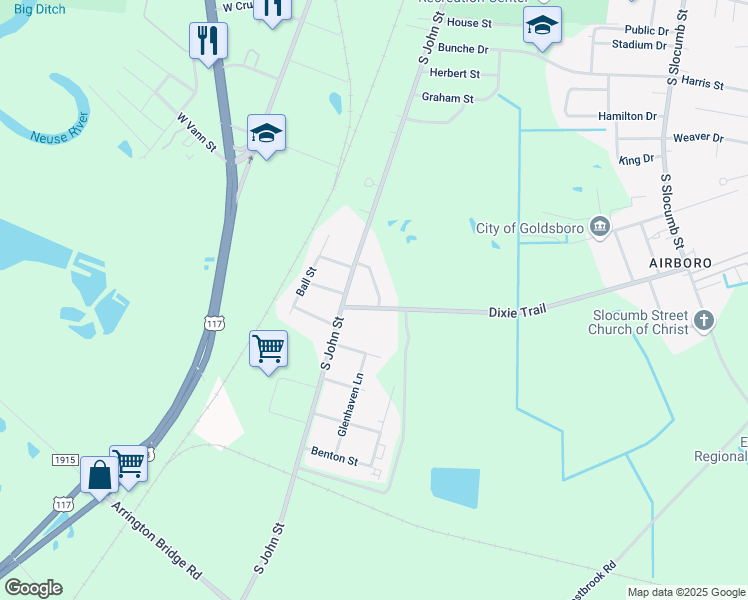 map of restaurants, bars, coffee shops, grocery stores, and more near 207 Dixie Trail in Goldsboro