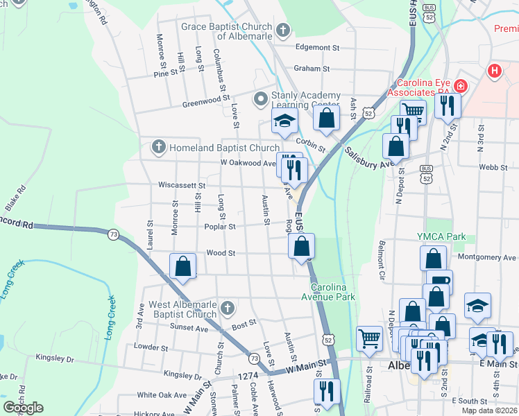 map of restaurants, bars, coffee shops, grocery stores, and more near 721 Austin St in Albemarle