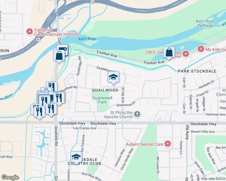 map of restaurants, bars, coffee shops, grocery stores, and more near 7301 Remington Avenue in Bakersfield