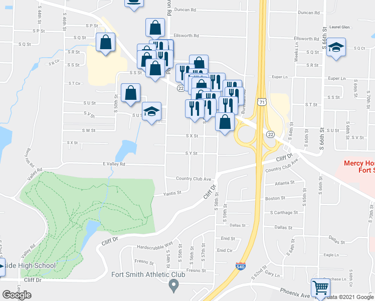 map of restaurants, bars, coffee shops, grocery stores, and more near 5521 South Y Street in Fort Smith