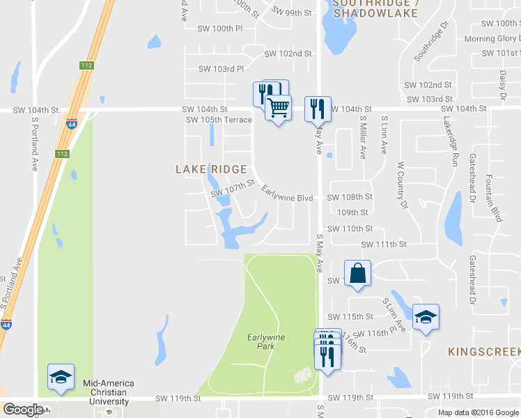 map of restaurants, bars, coffee shops, grocery stores, and more near 3112 Southwest 110th Terrace in Oklahoma City