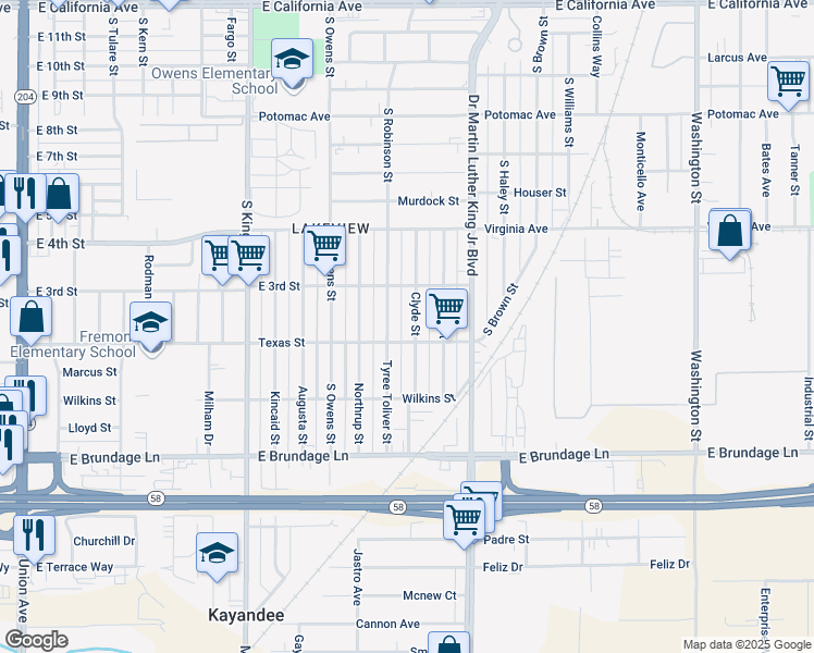 map of restaurants, bars, coffee shops, grocery stores, and more near 210 Clyde Street in Bakersfield