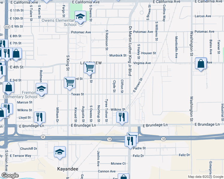 map of restaurants, bars, coffee shops, grocery stores, and more near 210 Clyde Street in Bakersfield