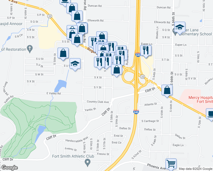 map of restaurants, bars, coffee shops, grocery stores, and more near 2523 South 57th Street in Fort Smith