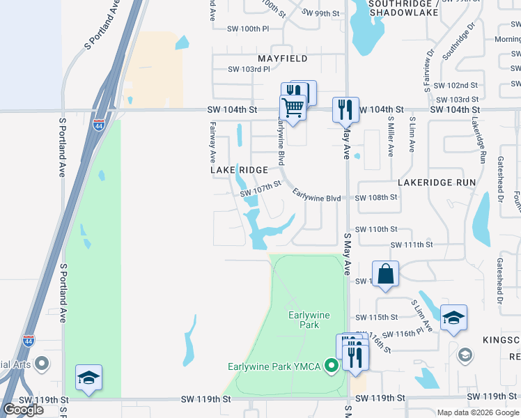 map of restaurants, bars, coffee shops, grocery stores, and more near 10905 Waterside Drive in Oklahoma City