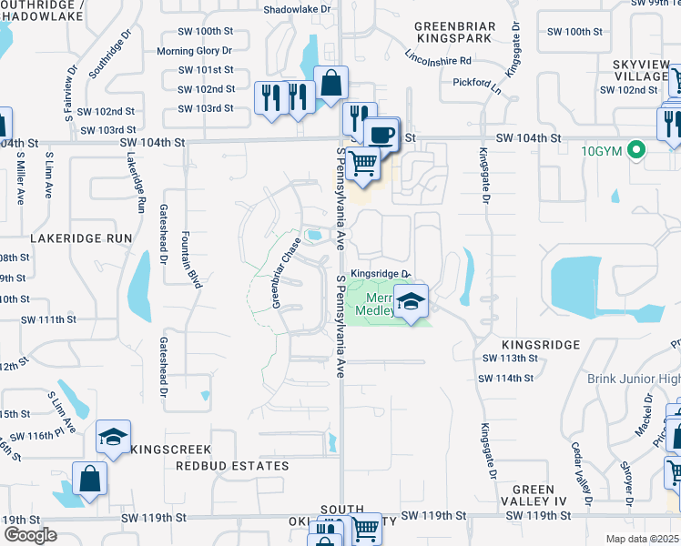 map of restaurants, bars, coffee shops, grocery stores, and more near 11104 Abbeywood in Oklahoma City