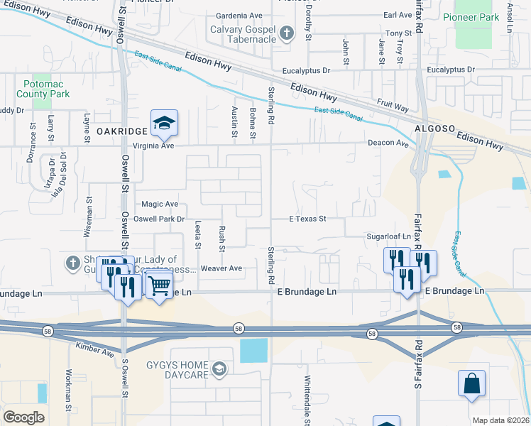 map of restaurants, bars, coffee shops, grocery stores, and more near 505 Broken Arrow Avenue in Bakersfield