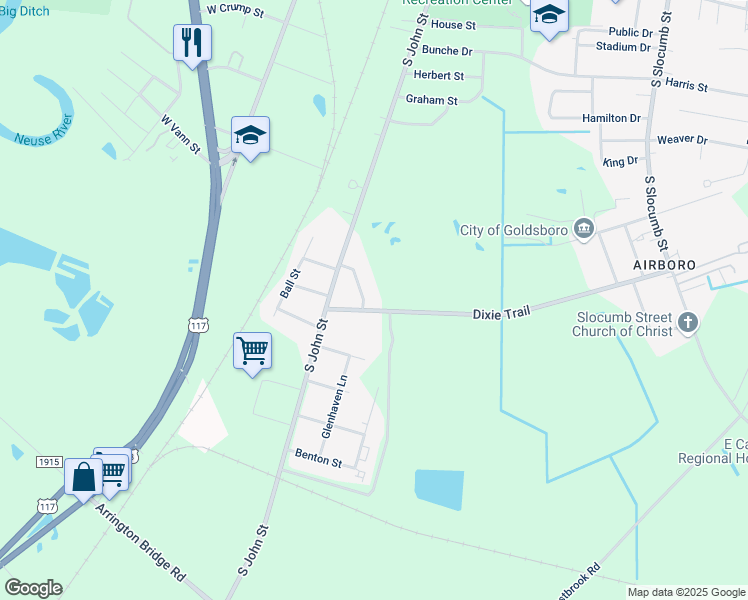 map of restaurants, bars, coffee shops, grocery stores, and more near 207 Dixie Trail in Goldsboro