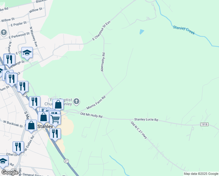 map of restaurants, bars, coffee shops, grocery stores, and more near 213 Morris Farm Road in Stanley