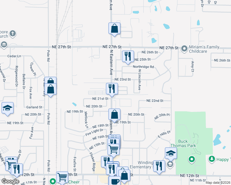 map of restaurants, bars, coffee shops, grocery stores, and more near 2120 North Eastern Avenue in Moore