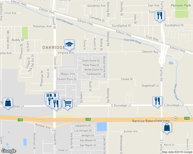 map of restaurants, bars, coffee shops, grocery stores, and more near 5502 Backbone Trail Drive in Bakersfield