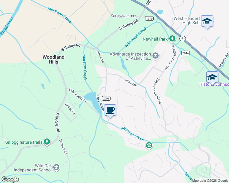 map of restaurants, bars, coffee shops, grocery stores, and more near 207 Park Lane in Hendersonville