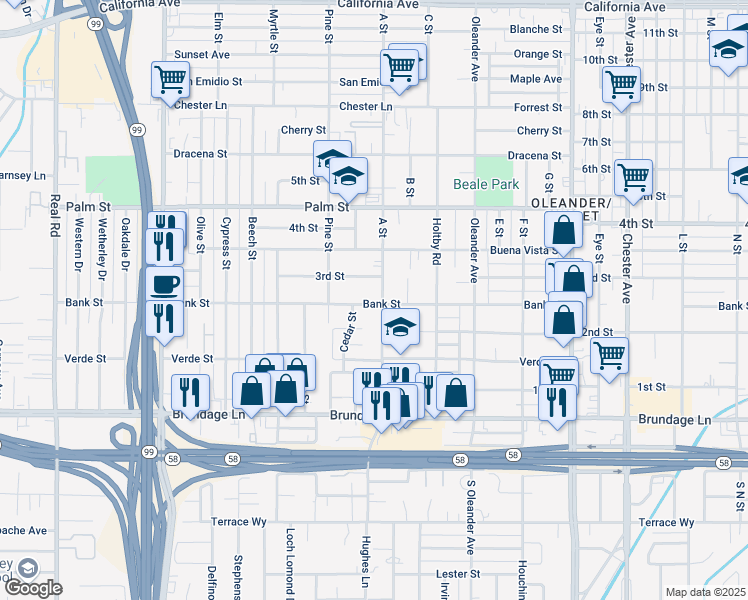 map of restaurants, bars, coffee shops, grocery stores, and more near 223 A Street in Bakersfield