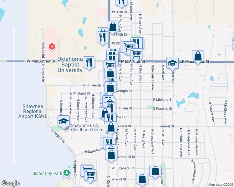 map of restaurants, bars, coffee shops, grocery stores, and more near 303 West Georgia Street in Shawnee