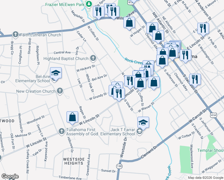 map of restaurants, bars, coffee shops, grocery stores, and more near 201 Cedar Lane in Tullahoma