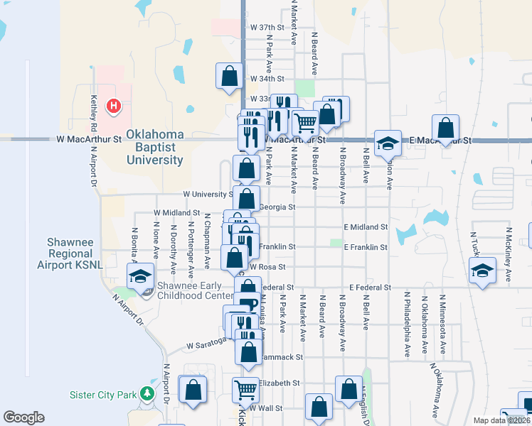 map of restaurants, bars, coffee shops, grocery stores, and more near 303 W Georgia St in Shawnee