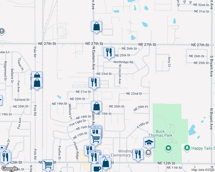 map of restaurants, bars, coffee shops, grocery stores, and more near 912 Woodward Avenue in Moore