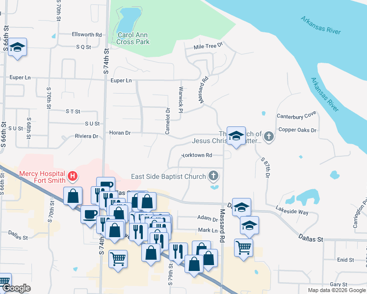 map of restaurants, bars, coffee shops, grocery stores, and more near 7912 Valley Forge Road in Fort Smith