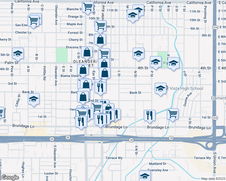 map of restaurants, bars, coffee shops, grocery stores, and more near 1412 2nd Street in Bakersfield