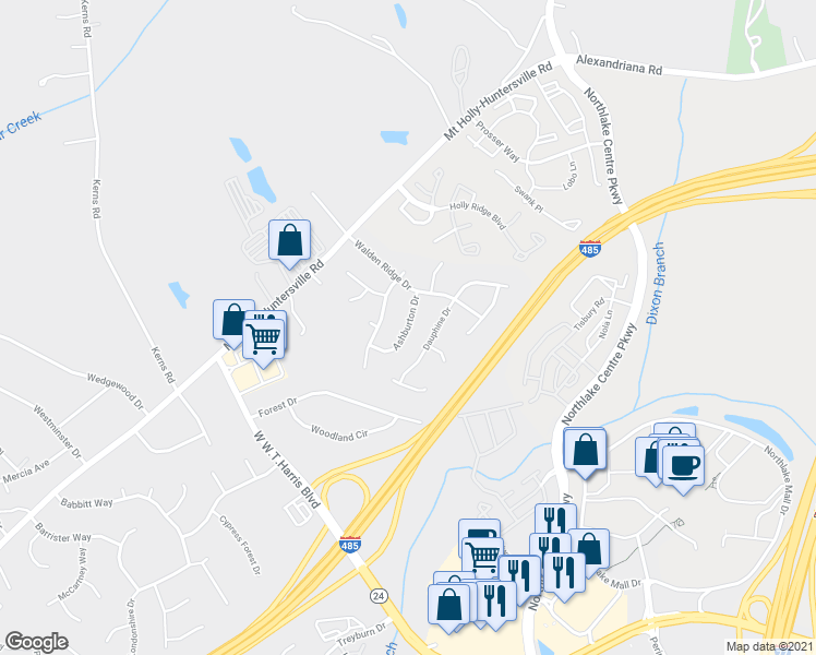 map of restaurants, bars, coffee shops, grocery stores, and more near Ashburton Drive in Charlotte