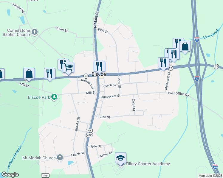 map of restaurants, bars, coffee shops, grocery stores, and more near 210 Church Street in Biscoe