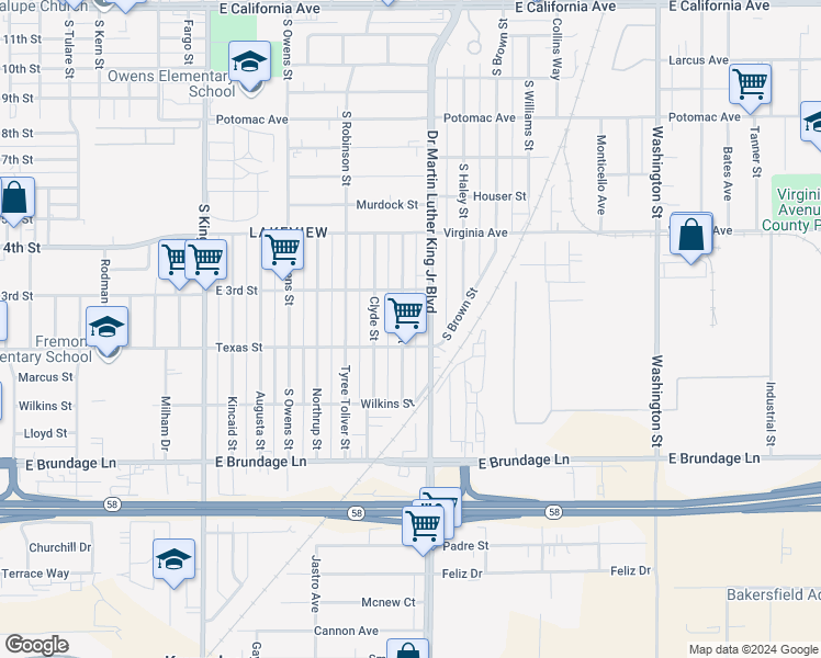 map of restaurants, bars, coffee shops, grocery stores, and more near 215 Clifton Street in Bakersfield