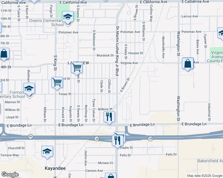 map of restaurants, bars, coffee shops, grocery stores, and more near 209 Clifton Street in Bakersfield