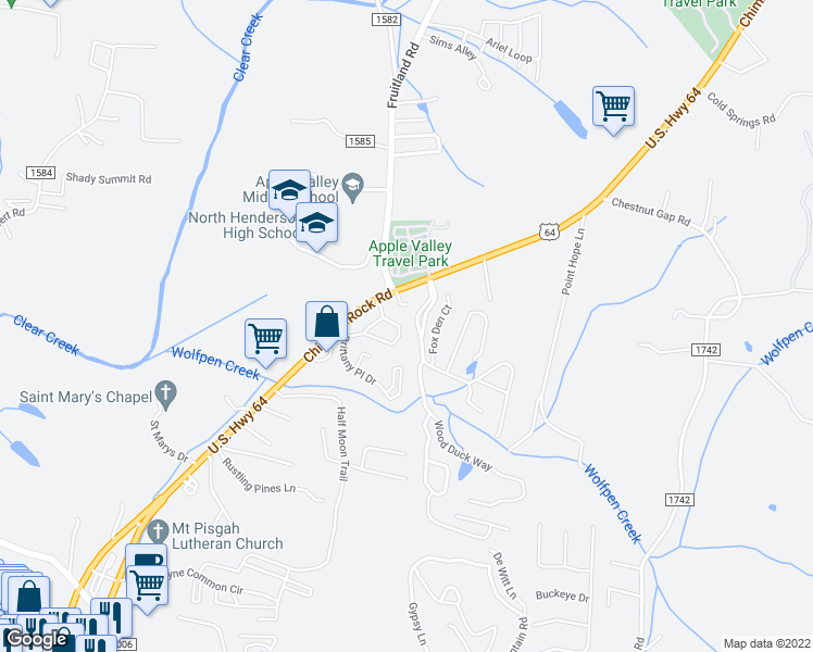 map of restaurants, bars, coffee shops, grocery stores, and more near 180 Brittany Place Drive in Hendersonville