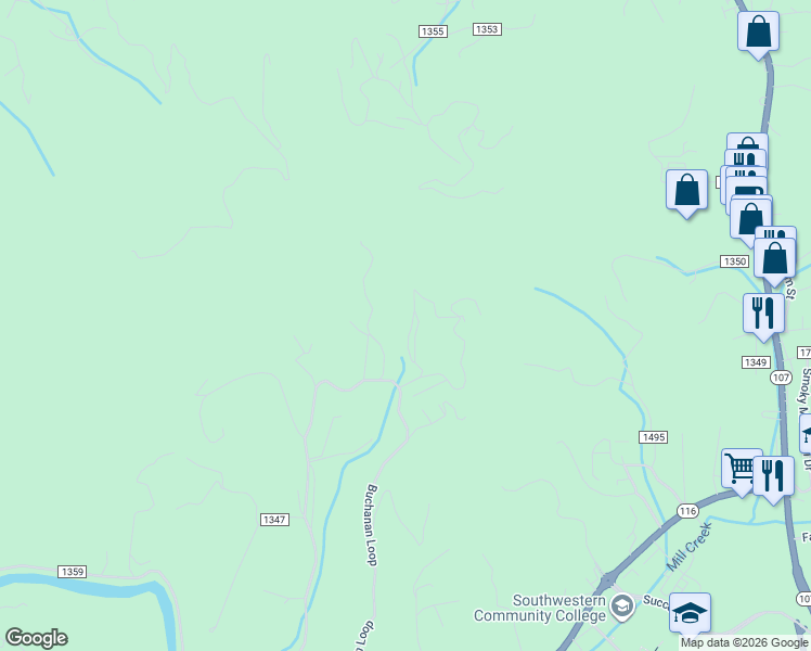 map of restaurants, bars, coffee shops, grocery stores, and more near 135 Old Rogers Ln in Sylva