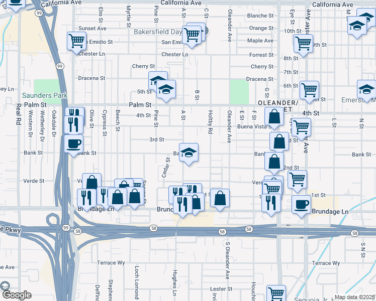 map of restaurants, bars, coffee shops, grocery stores, and more near 223 A Street in Bakersfield