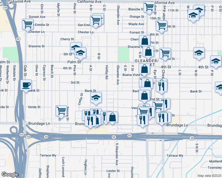 map of restaurants, bars, coffee shops, grocery stores, and more near 2122 Bank Street in Bakersfield